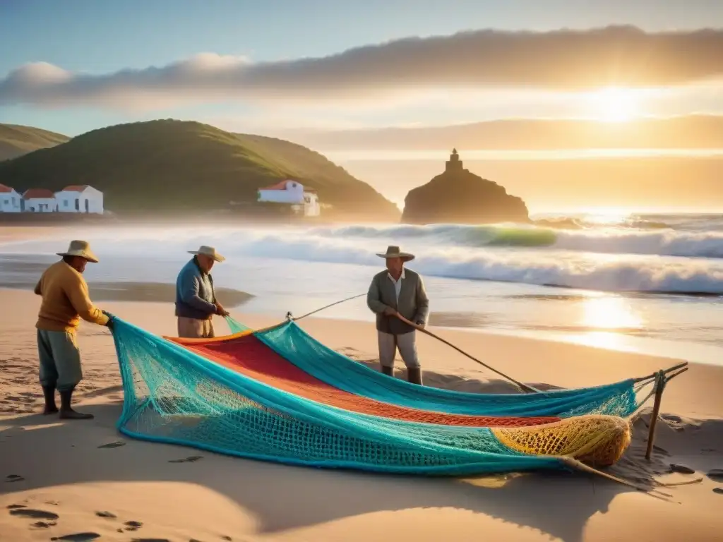 Pescadores uruguayos tejiendo redes de pesca tradicionales en la playa al amanecer, mostrando las campamentos costeros Uruguay tradiciones locales