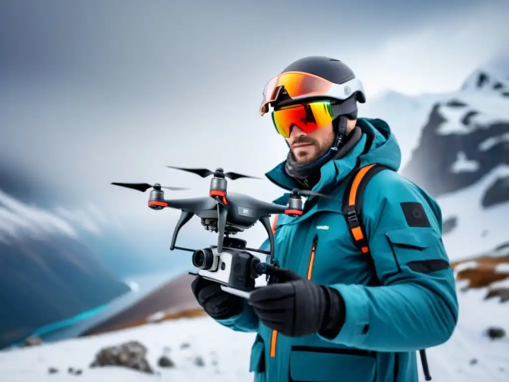 Un piloto de drones protege su equipo en condiciones extremas de nieve y viento