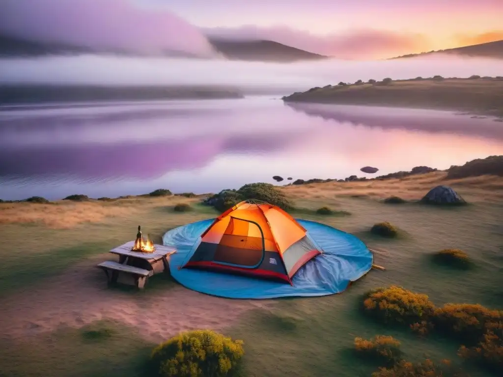 Una pintoresca velada de camping en Uruguay con amigos junto al lago al atardecer