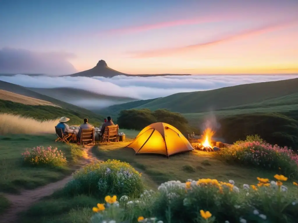 Un pintoresco campamento en la naturaleza de Uruguay durante el atardecer, mostrando la belleza del arte camping