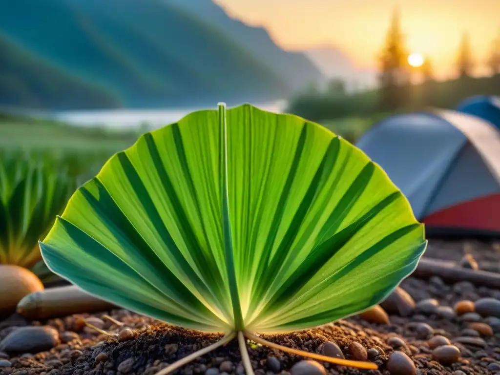 Planta de citronela verde brillante con gotas de agua, bajo la luz suave del atardecer