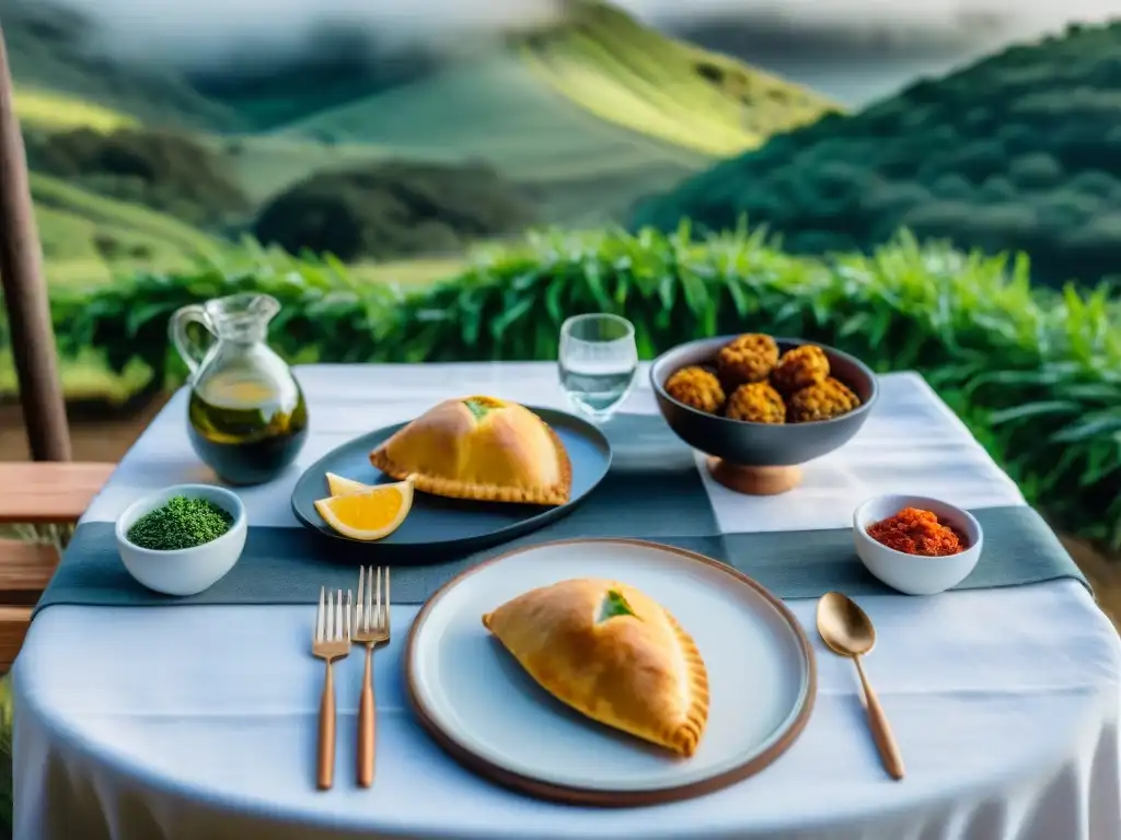 Platos típicos camping Uruguay: Mesa elegante en glamping de lujo con asado, chivito y empanadas, rodeada de naturaleza exuberante