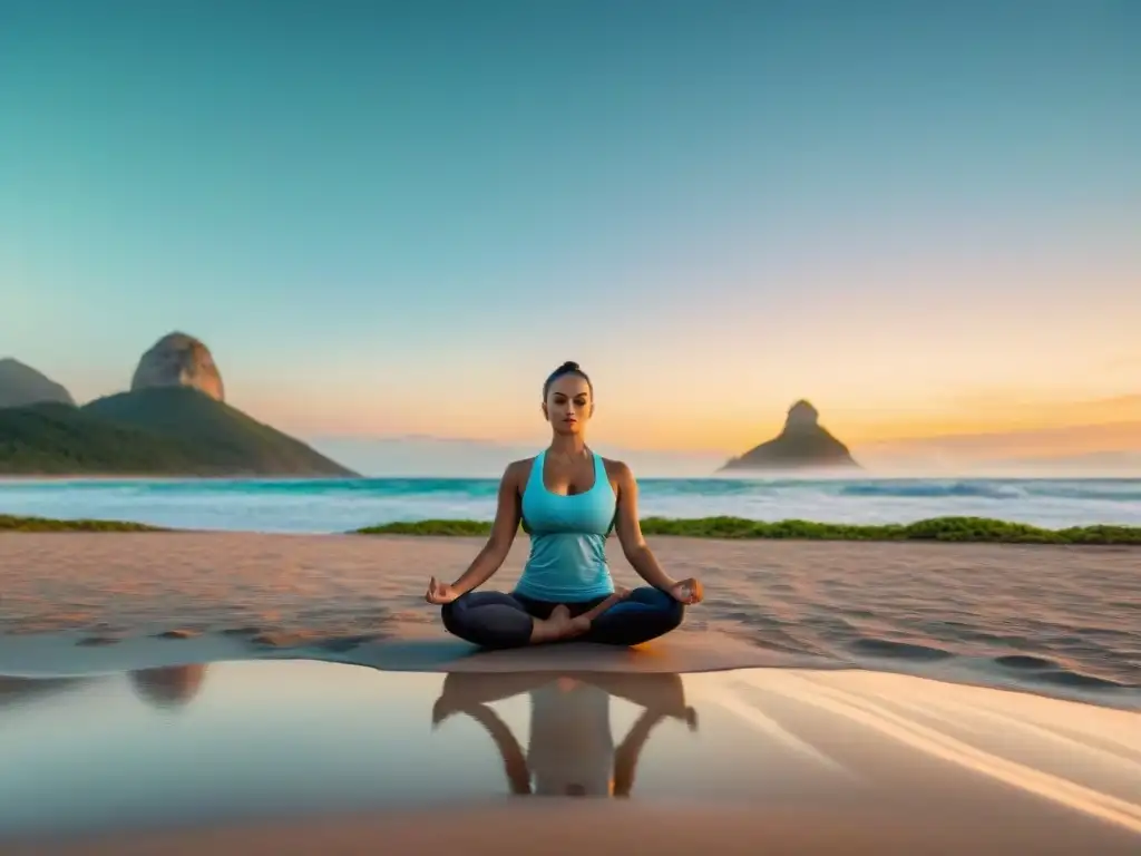 Playa Chihuahua al amanecer: aguas calmadas, cielo pastel, yoga en la playa