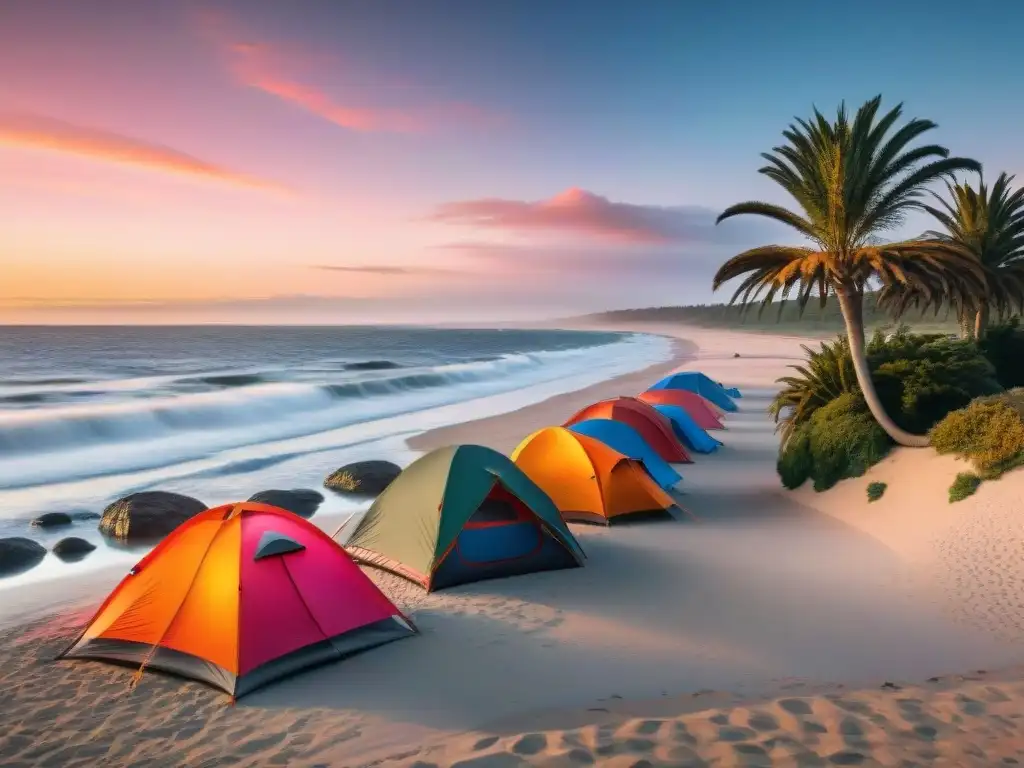 Amanecer en la playa de Uruguay con campamento, gente jugando voleibol, cocinando y relajándose en hamacas bajo palmeras