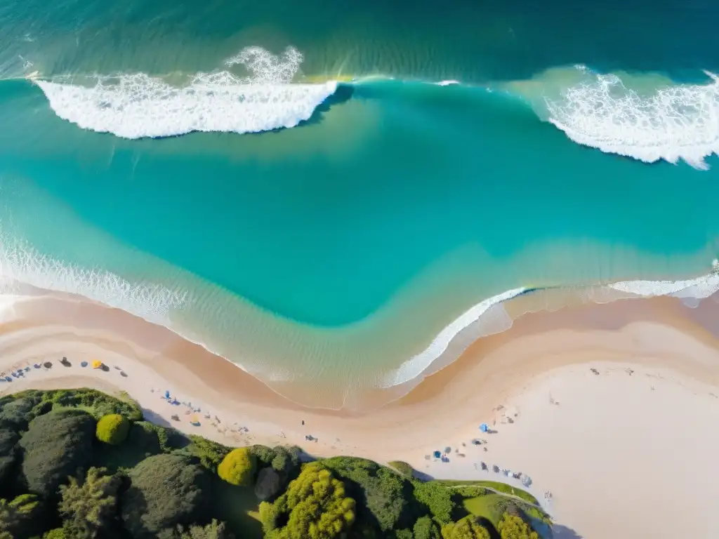 Playa espectacular en Uruguay con aguas turquesas y palmeras, ideal para equiparse de camping para playas Uruguay