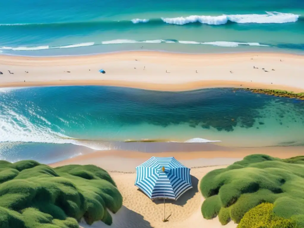 Playa serena en Uruguay con arena dorada, aguas cristalinas, palmeras y equilibrio entre aventura y relajación