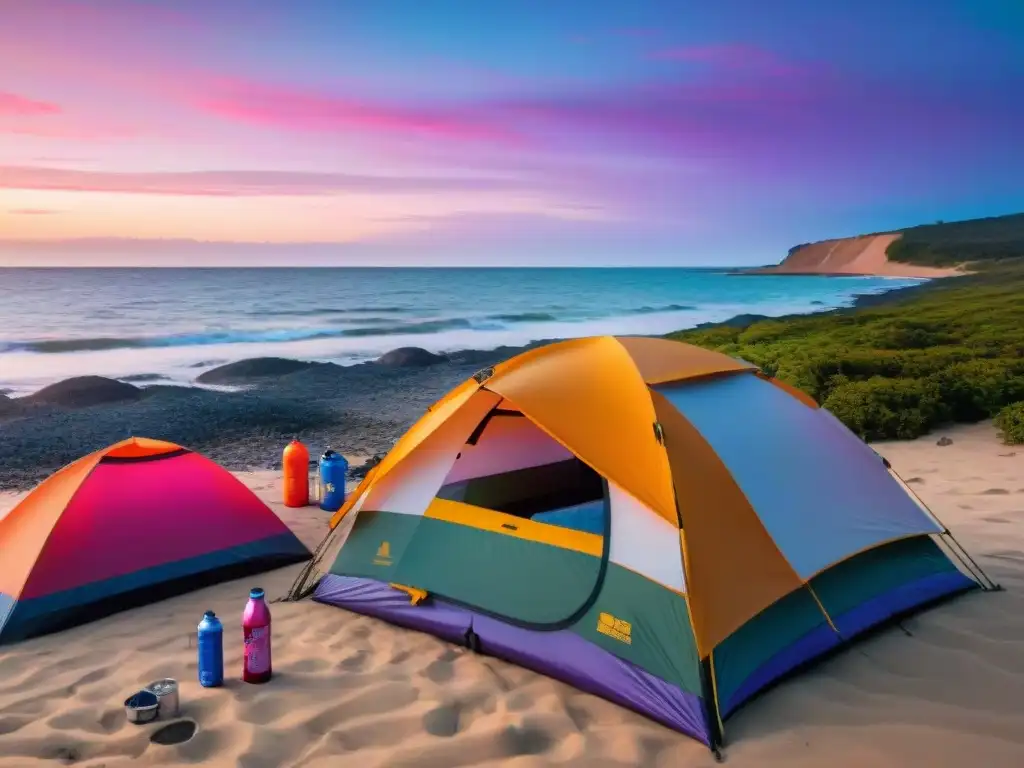 Playa serena en Uruguay al amanecer, cielo colorido reflejado en el mar calmo, residuos de camping en la arena