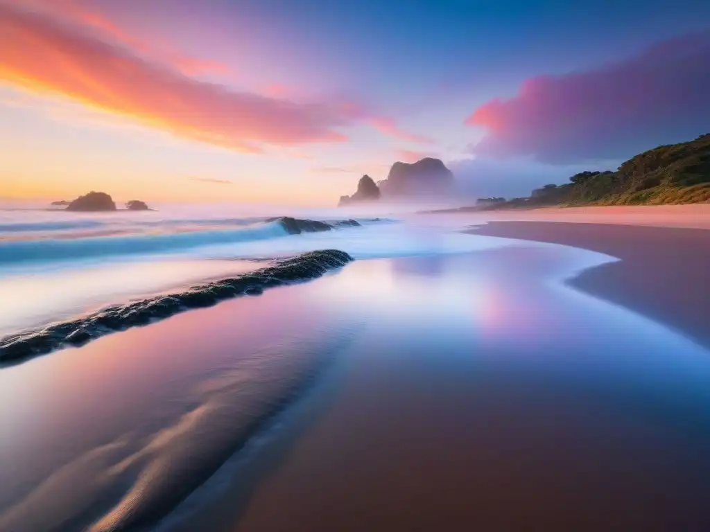 Fotógrafo captura amanecer en playa solitaria de Uruguay: olas suaves, cielo anaranjado y rosa