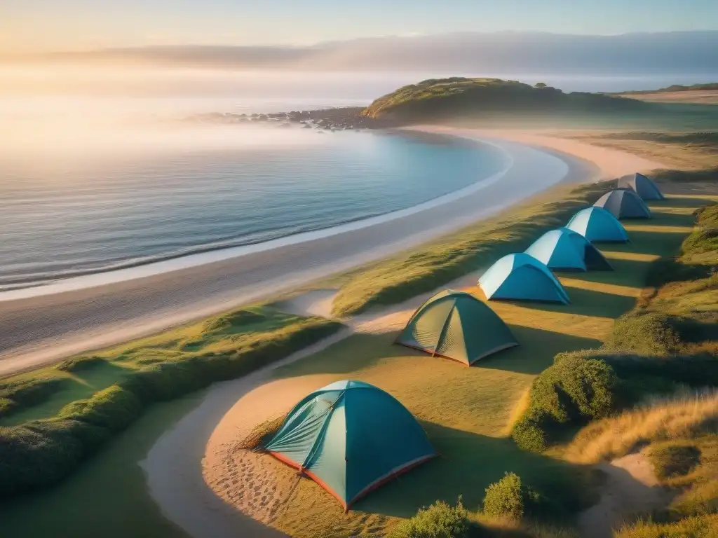 Playa tranquila al amanecer en Uruguay con coloridas carpas en la orilla