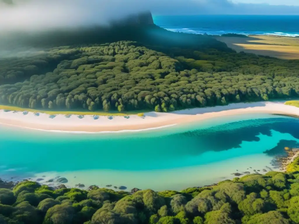 Playa virgen en Uruguay, aguas turquesas, arena blanca, bosque verde