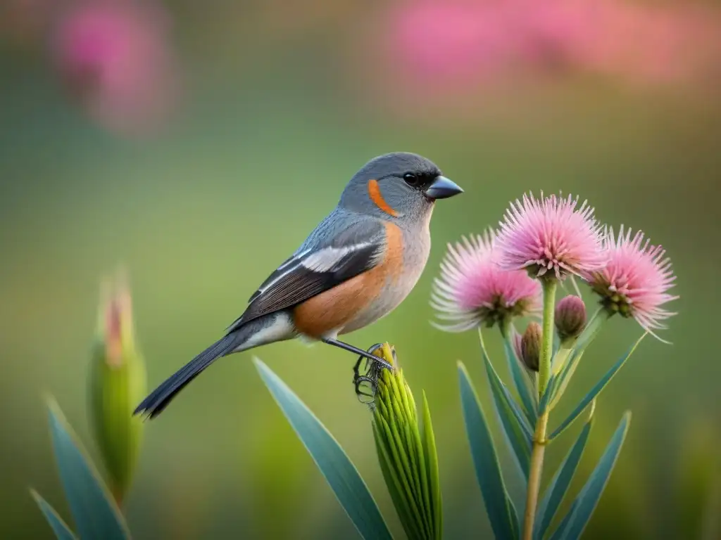 Un Tawnybellied Seedeater posado en una flor rosa vibrante en Uruguay, mostrando su plumaje único en un entorno natural sereno