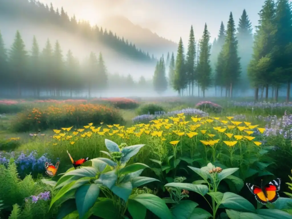 Una pradera vibrante llena de mariposas coloridas revoloteando entre flores silvestres, resaltando la importancia mariposas ecosistemas camping