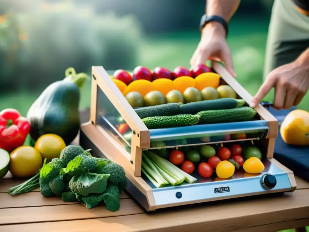 Preparación de alimentos deshidratados para camping en Uruguay con frutas y verduras frescas en una mesa de madera bajo el sol cálido, mientras una persona en equipo de campamento se prepara un deshidratador de alimentos compacto