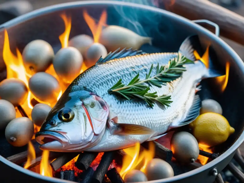 Preparación detallada de pescado a la parrilla en camping con expertas manos sazonando y limpiando, ambiente cálido al atardecer