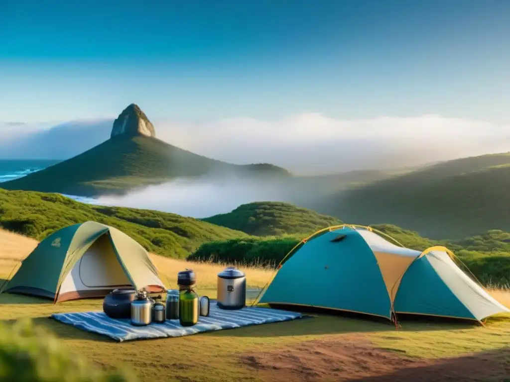 Productos esenciales camping ecológicos en un campamento sostenible en Uruguay