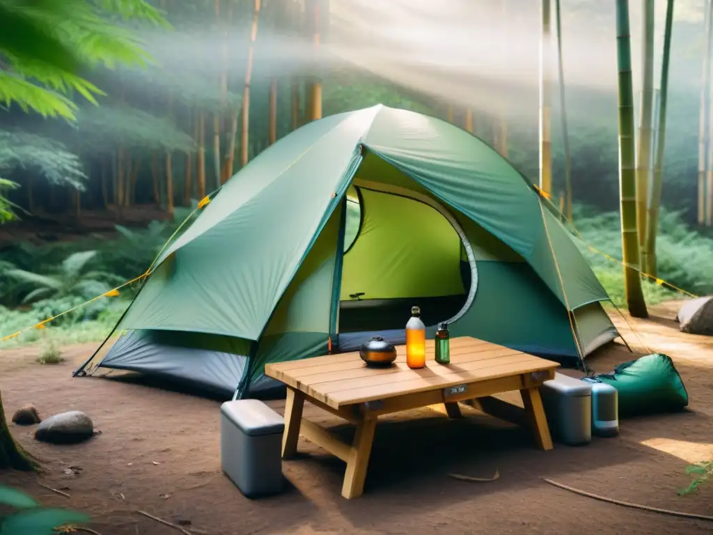 Productos esenciales camping ecológicos en acogedor campamento forestal sostenible