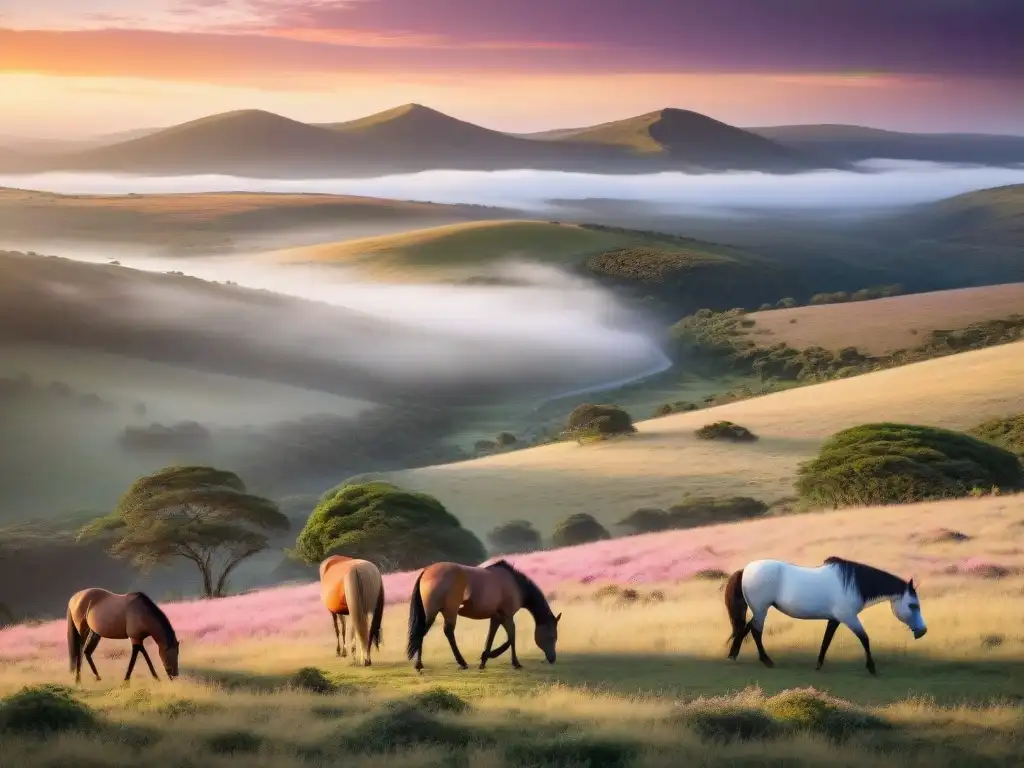 Puesta de sol en la naturaleza virgen de Uruguay con caballos salvajes