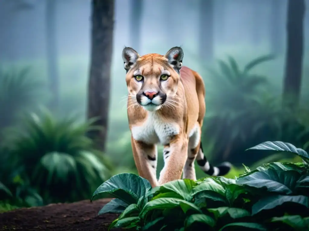 Un puma majestuoso acecha su presa en los exuberantes bosques de Uruguay