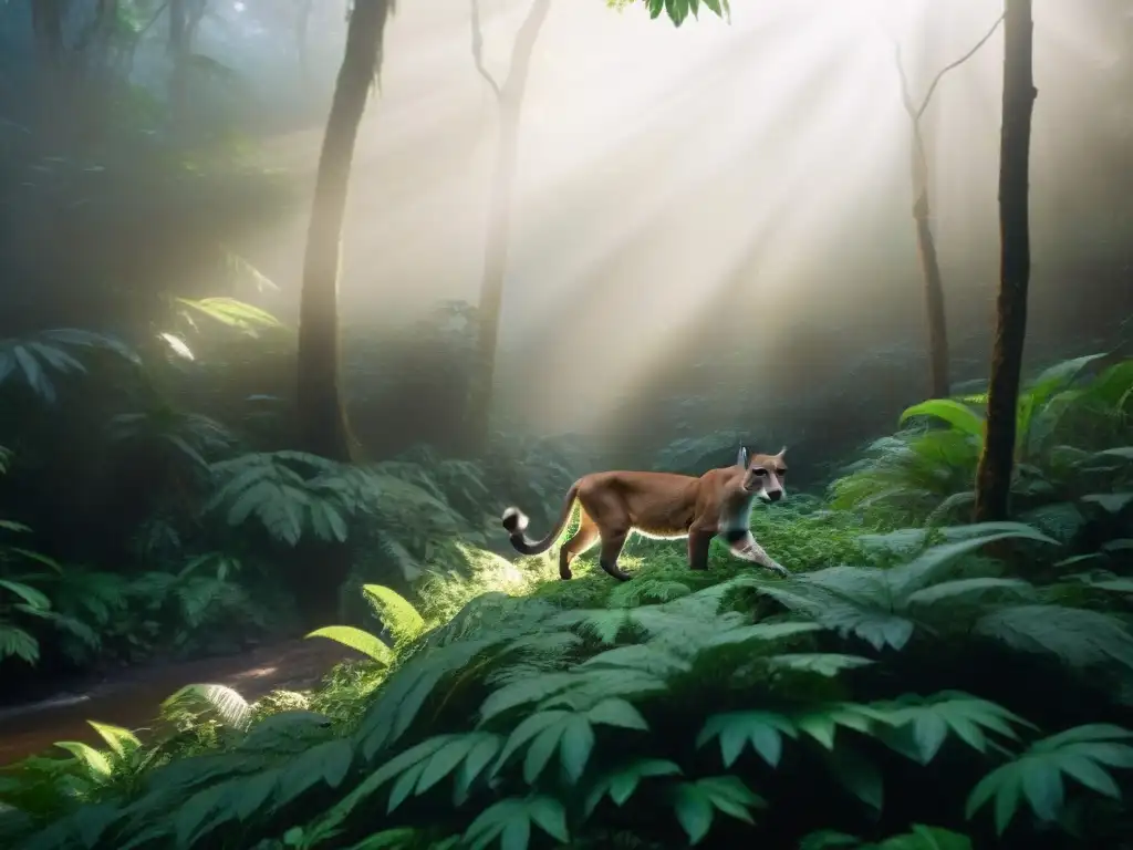 Un puma majestuoso camina sigilosamente en la Ruta del Puma Parque Santa Teresa, entre exuberante vegetación y misteriosa luz filtrada