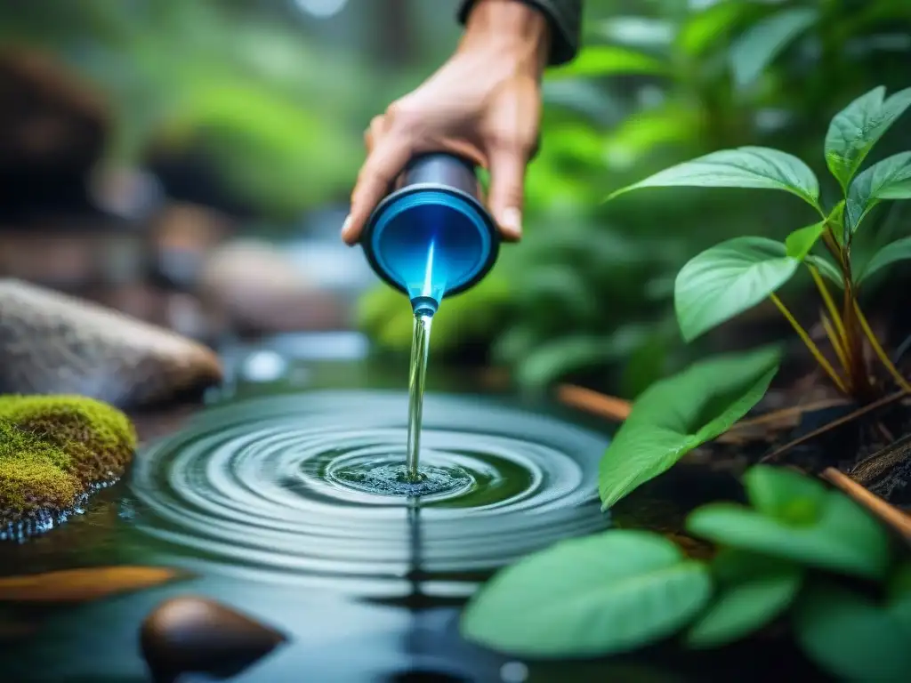 Llenando un purificador de agua portátil casero con agua turbia de arroyo, en medio de la naturaleza exuberante