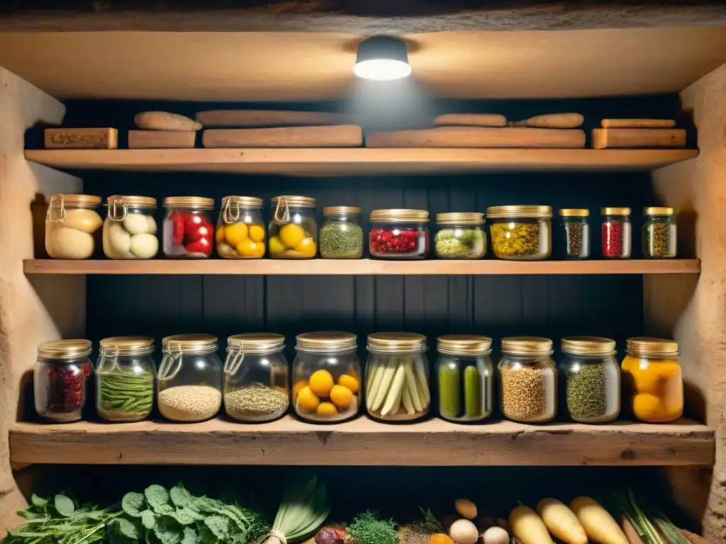 Raíces de conservación alimentos naturaleza sin refrigeración: bodega rústica con alimentos preservados en estantes y ambiente fresco y oscuro