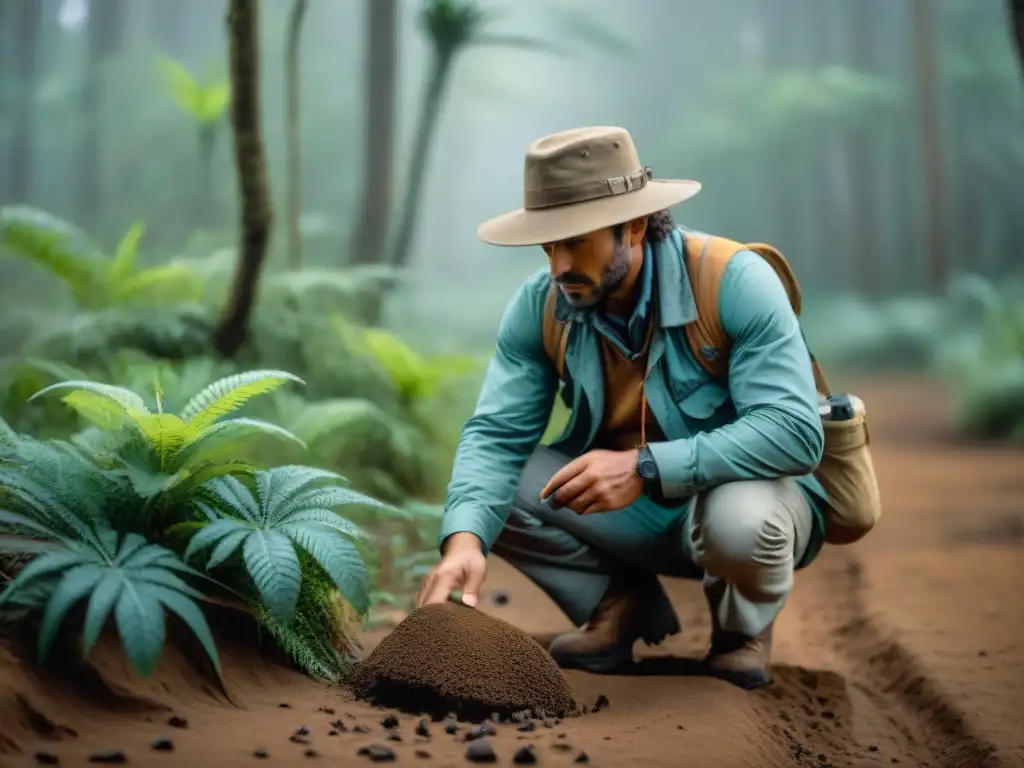 Un rastreador experto examina huellas de animales en la selva de Uruguay