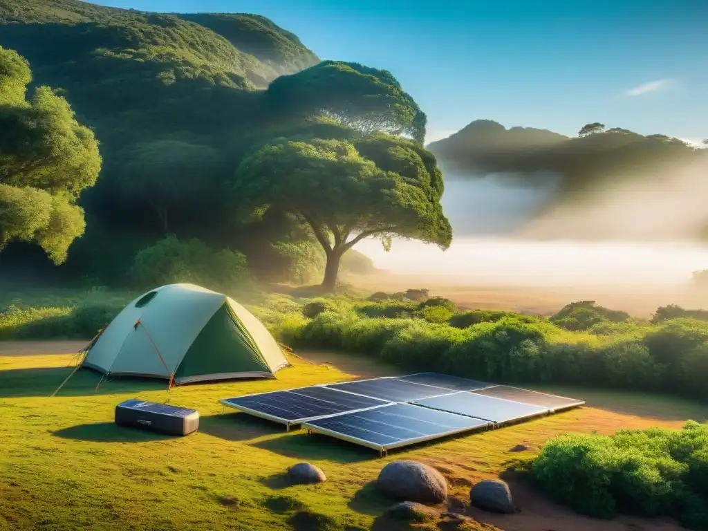 Recarga dispositivos energía solar camping en un campamento sereno en Uruguay, resaltando la armonía entre la naturaleza y la tecnología