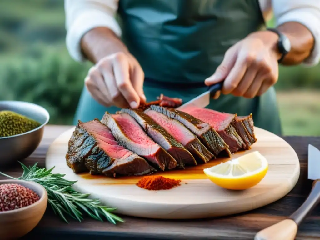 Preparando recetas de carne seca para acampar en Uruguay con especias tradicionales