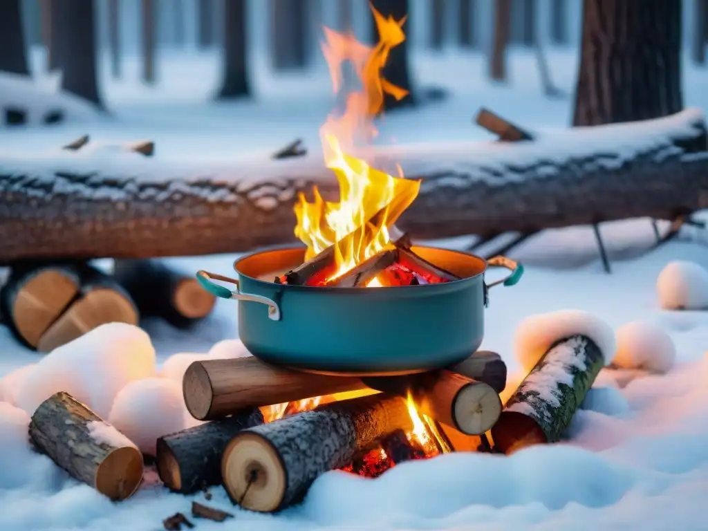 Recetas cocina campamento invierno: Fogata acogedora en bosque nevado, con olla de guiso caliente y copos de nieve cayendo suavemente