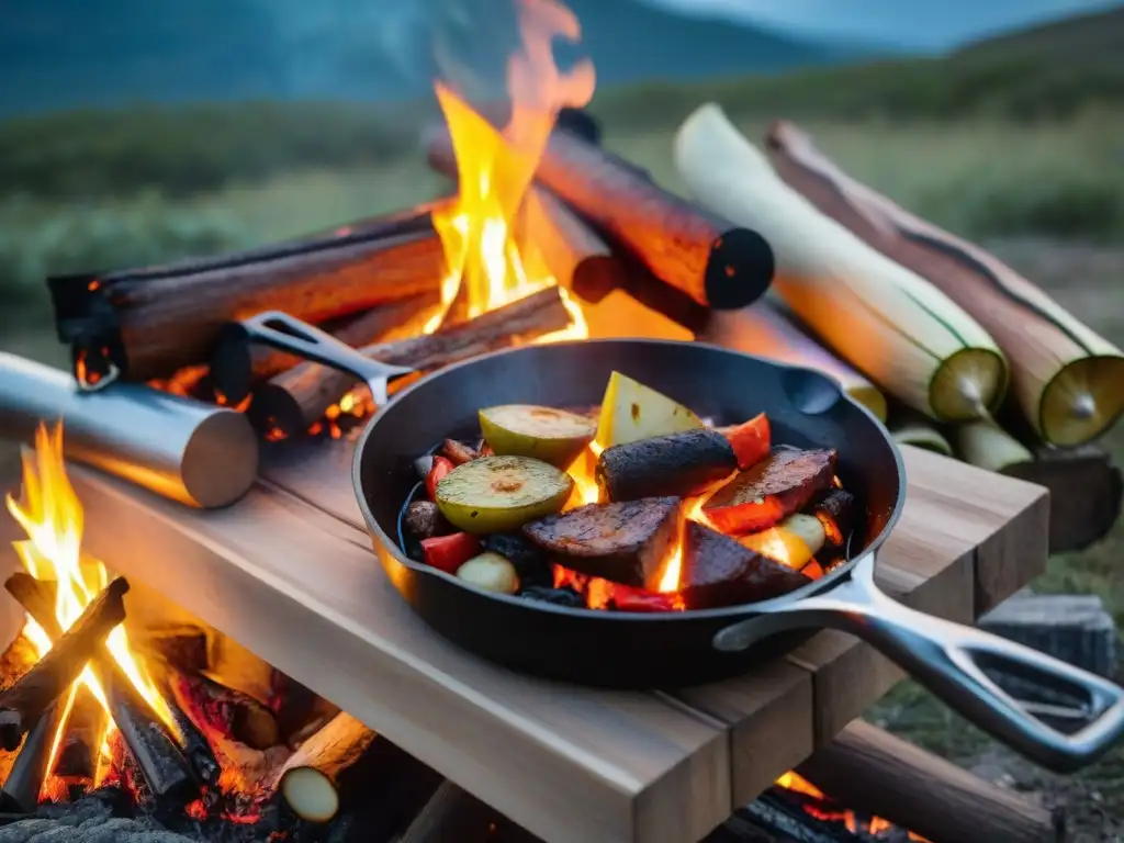 Recetas fáciles camping Uruguay: Fogata en la naturaleza con guiso tradicional uruguayo en sartén de hierro sobre las llamas