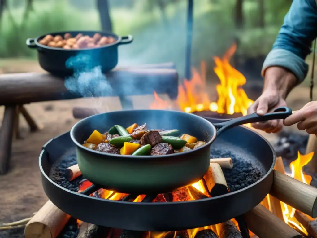 Recetas fáciles camping Uruguay: Cocina rústica al aire libre con locro en olla de hierro sobre fogata en bosque sereno