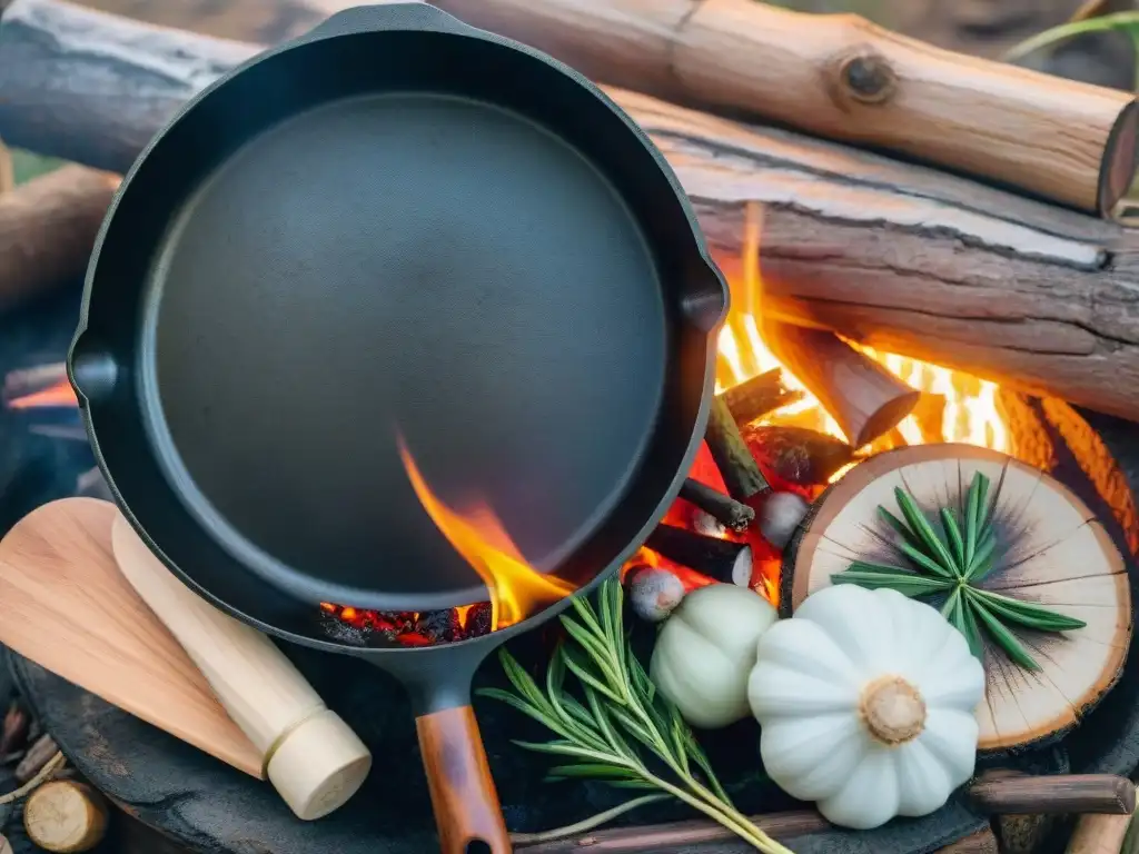 Recetas bushcraft camping Uruguay: Sartén de hierro sizzling con ingredientes en fogata en la naturaleza