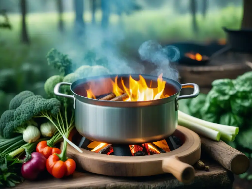 Sopa campirana: delicias naturales en fogata Recetas de sopas y guisos: Olla al fuego en el bosque, con verduras frescas y hierbas aromáticas