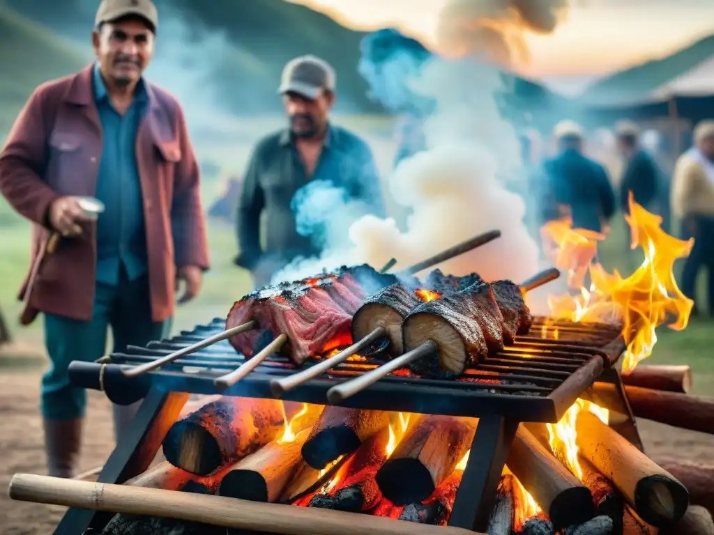 Recetas tradicionales camping Uruguay: Escena detallada de un asado uruguayo al aire libre, con gauchos en torno a la parrilla humeante