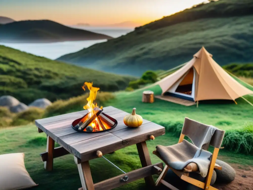 Acampar en Uruguay con recursos locales: Escena tranquila de campamento con tienda, fogata, silla de madera y mate en mesa rústica al atardecer