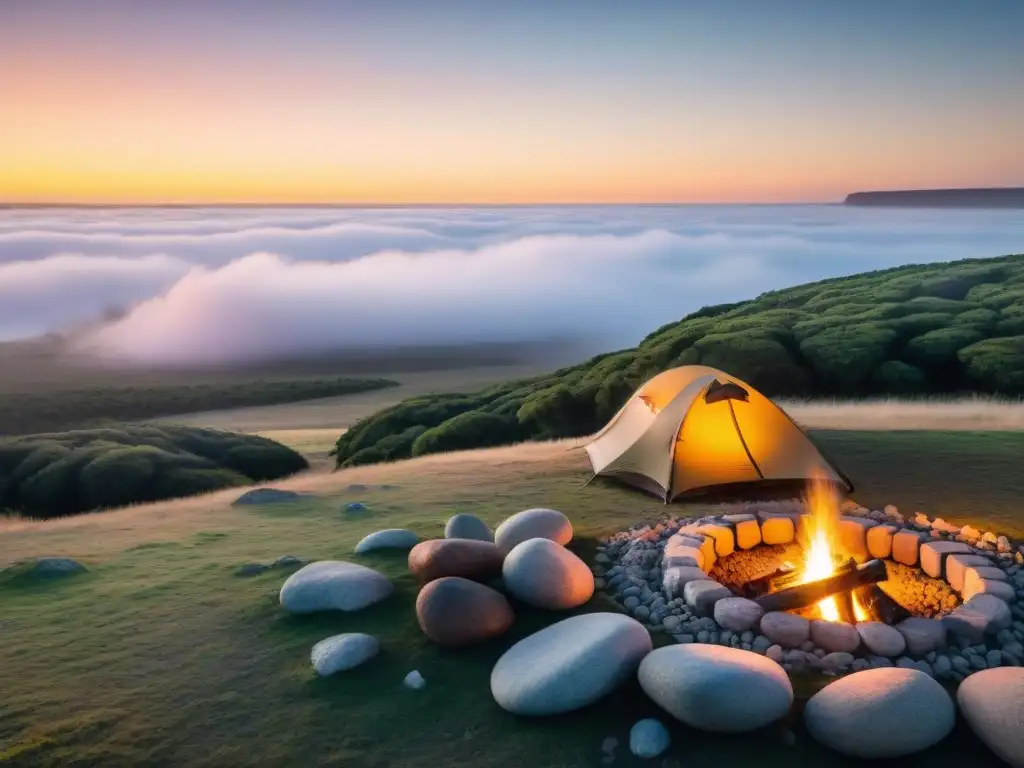 Acampar en Uruguay con recursos locales: Tienda iluminada en atardecer, fogata y persona contemplando el paisaje