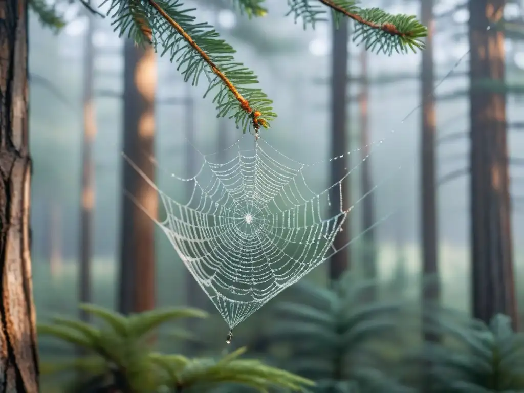 Red de araña cubierta de rocío entre pinos, resplandeciendo en la luz matutina de un camping