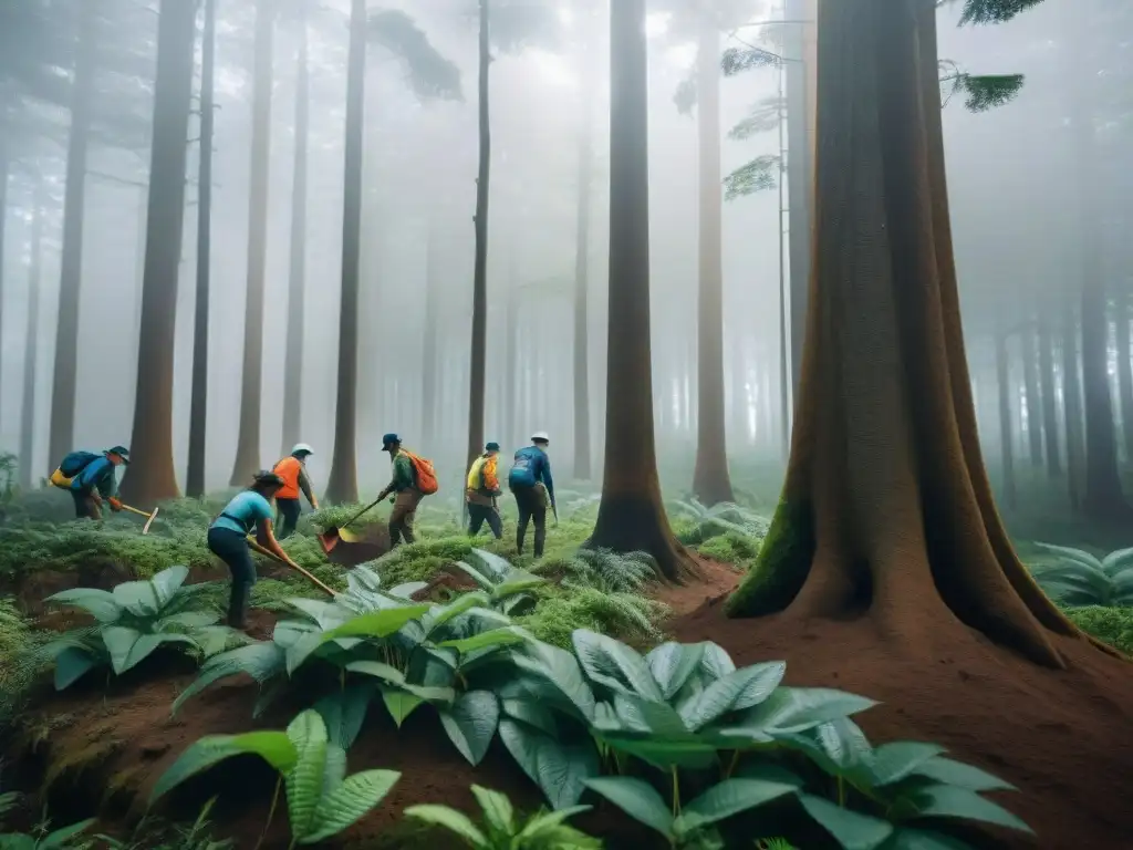 Reforestación en camping Uruguay: Grupo diverso de campistas plantando árboles con pasión en un frondoso bosque