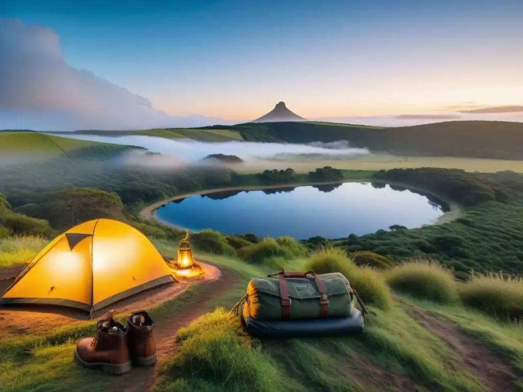 Un refugio acogedor iluminado por la hoguera en un campamento sereno en Uruguay, equilibrio con paquetes de camping