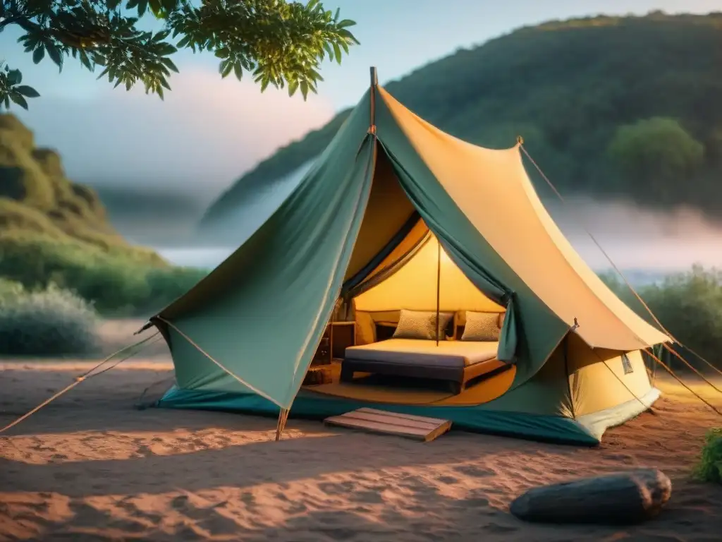 Camper construyendo refugio en Uruguay al atardecer, destreza y naturaleza en armonía