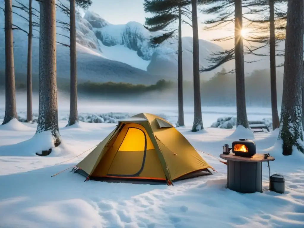 Refugio de campismo invierno en Uruguay: tienda de camping de alta calidad y estufa emitiendo calidez en un bosque nevado