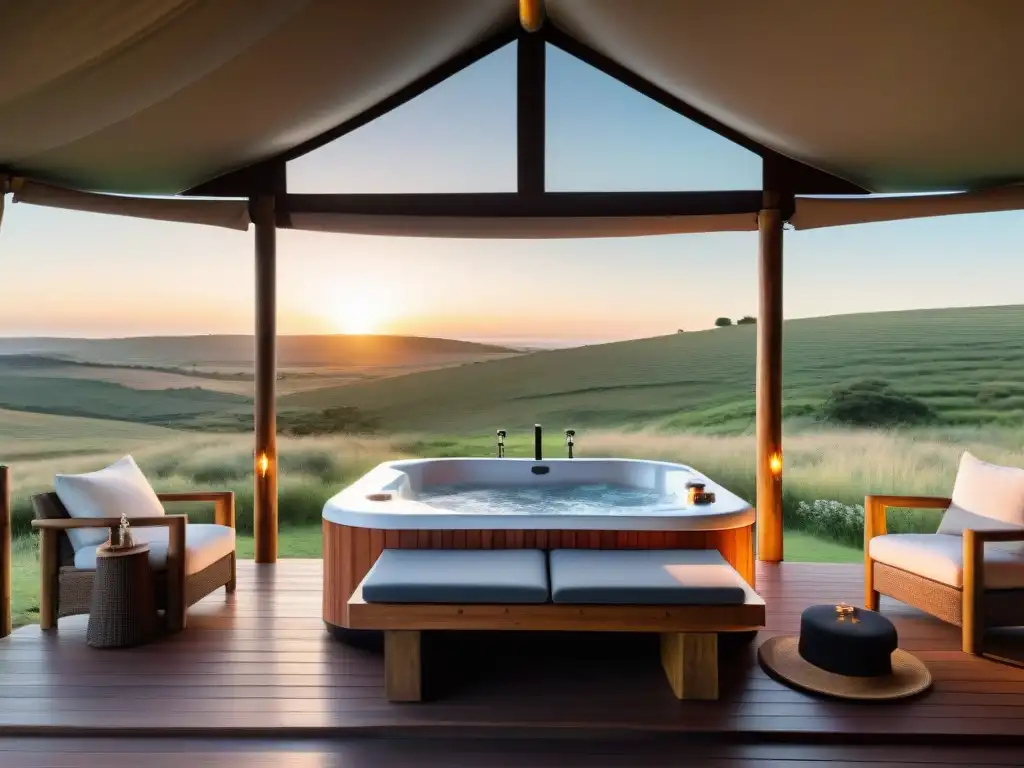 Un refugio de glamping de lujo en Uruguay con cama king, decoración elegante, jacuzzi y atardecer encantador