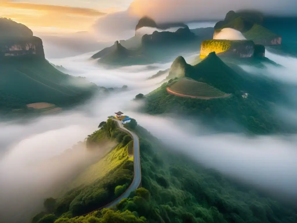 Refugio de paz en Paso Centurión: amanecer dorado, montañas verdes, río tranquilo y armonía en la frontera Uruguay-Brasil