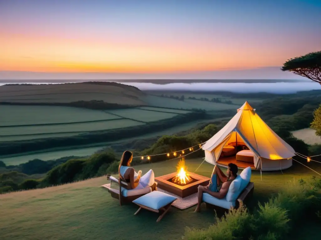 Romance y relax en glamping en Uruguay para parejas: pareja brinda con champán al atardecer en tienda iluminada por luces suaves