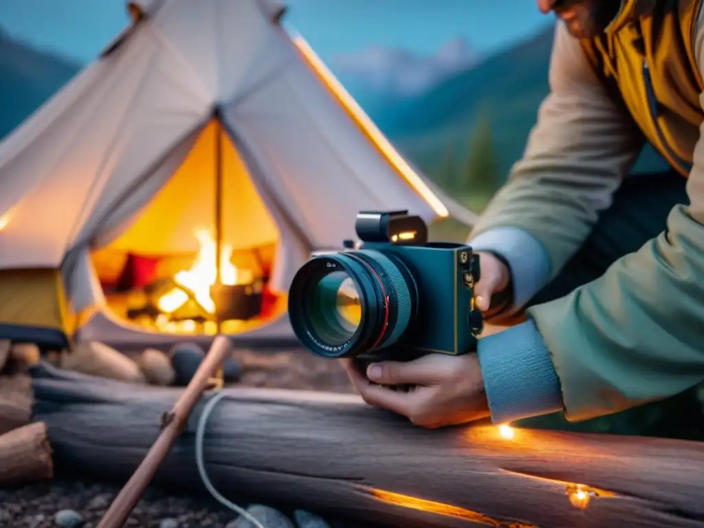 Fotógrafo ajusta cámara bajo el resplandor de una fogata en camping bajo cielo estrellado