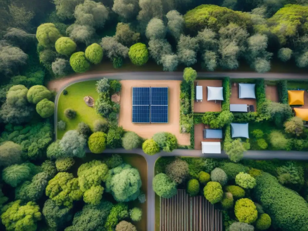 Retiro eco en Uruguay: campamentos verdes con paneles solares, estaciones de reciclaje y visitantes disfrutando de la naturaleza