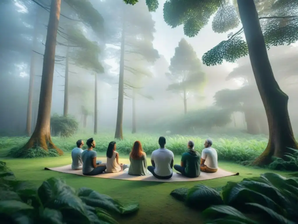 Retiro de desconexión en Uruguay: Grupo meditando en un bosque, guiados por instructora serena