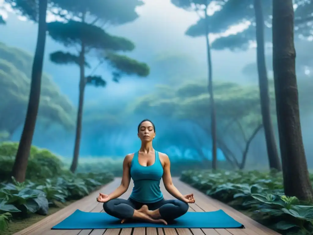 Un retiro de yoga y meditación en Uruguay: grupo diverso practicando yoga en jardín verde rodeado de árboles altos bajo cielo azul