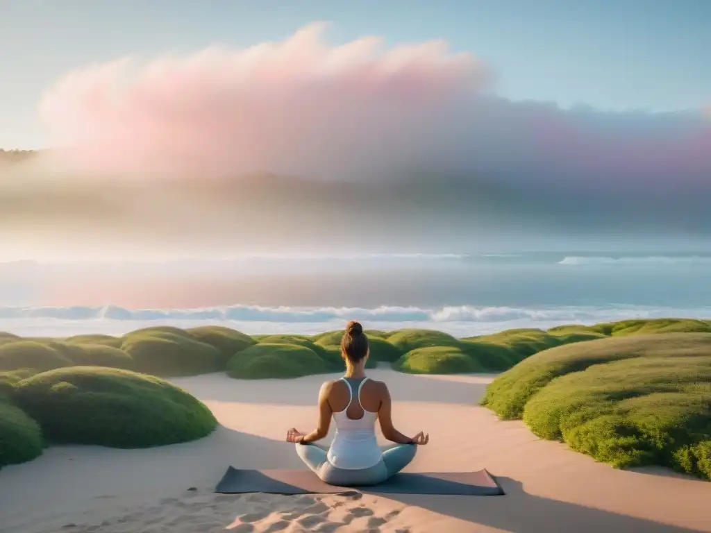 Retiro de desconexión en Uruguay: Practicante de yoga en playa al amanecer, rodeado de naturaleza y mar tranquilo