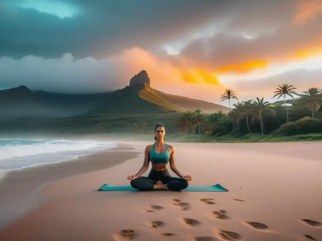 Retiros de desconexión en Uruguay: Atardecer sereno en la costa con practicante de yoga en la playa y colores vibrantes